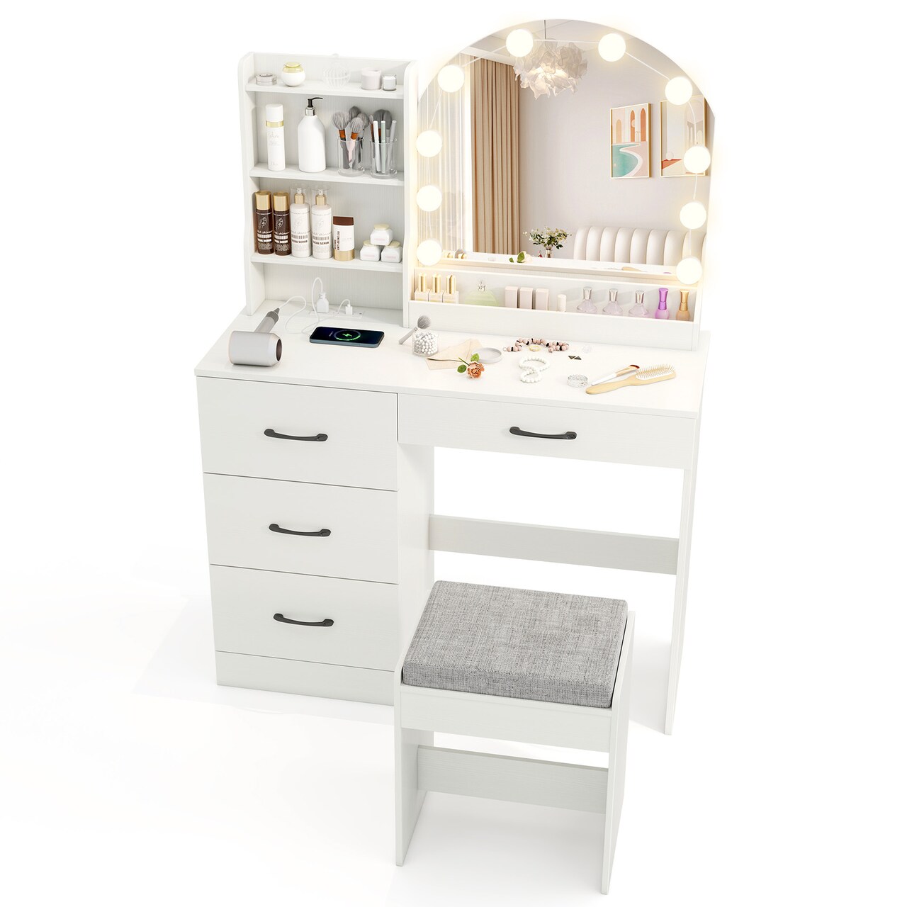 MDF Vanity Table with LED Mirror, Charging Station and Large Storage